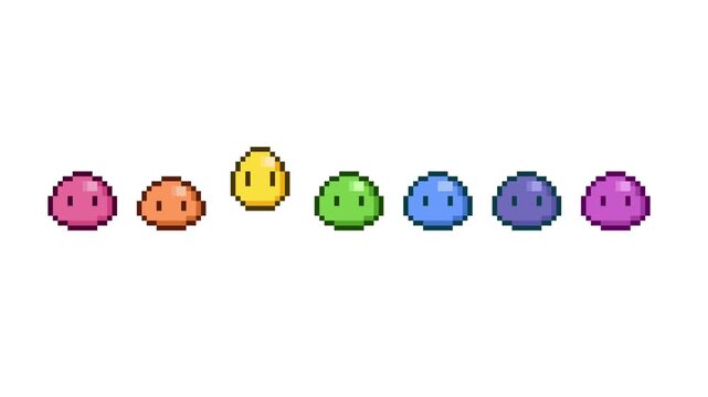 8-bit pixel art 2d platformer game style a group of rainbow color cute chibi slimes. looped animation 4k 30fps