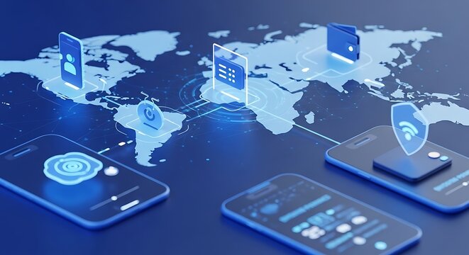 Global digital network connecting smartphones and data worldwide, illustrating seamless connectivity and modern communication.