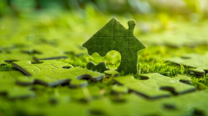 Greenhouse puzzle piece on mossy ground, eco-friendly living concept