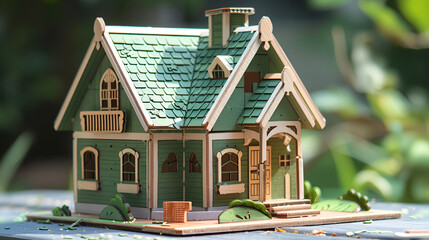 Charming green wooden cottage model invitingly displayed outdoors