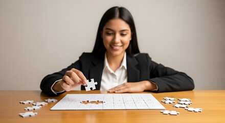 Focused businesswoman strategically placing last puzzle piece, symbolizing problem-solving and achievement.