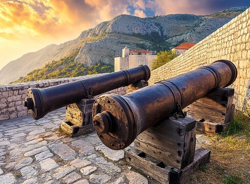 Canons, old cannons at the walls of Dubrovnik in Croatia with a mountain background, stock photo contest winner on Shutterstock, award-winning photography. 