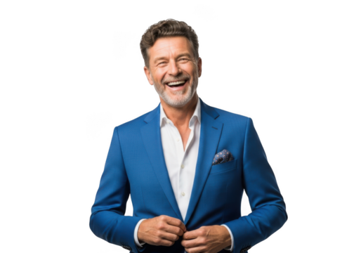 Smiling mature businessman wearing blue suit jacket stock photo image, business professional portrait, isolated on transparent background