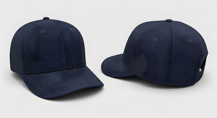 Blank navy blue baseball cap mockup shown from front and back angles for branding and design templates