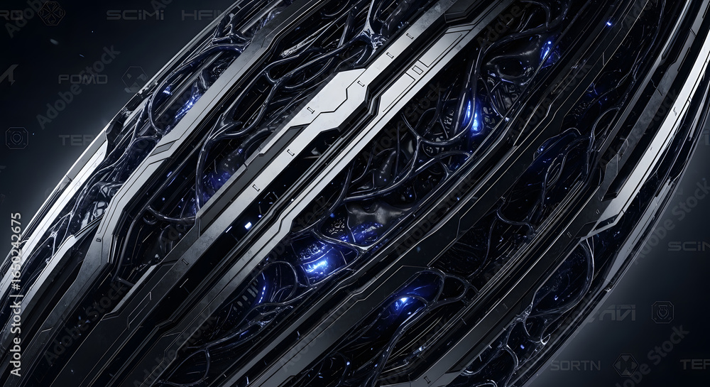 Aufkleber abstract futuristic metallic structure with intricate wiring and glowing blue energy points, creatin