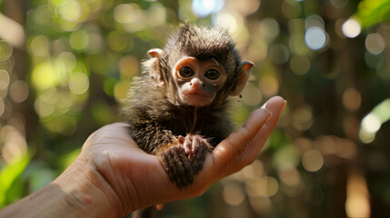Tiny baby monkey held gently in caring hand, nature's innocence captured