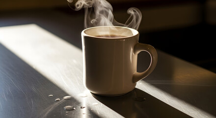 Aromatic morning brew in a classic white mug, with steam rising in the warm sunlight, on a modern stainless steel kitchen tabletop.