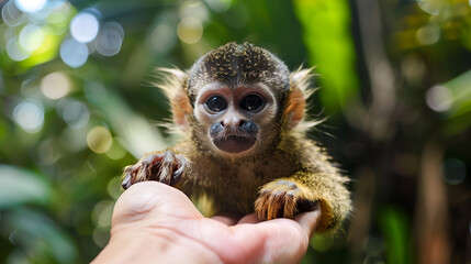 Adorable baby squirrel monkey held gently in a human hand, close-up