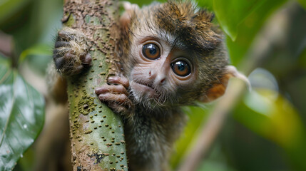 Adorable baby monkey clinging to a tree trunk with wide, curious eyes
