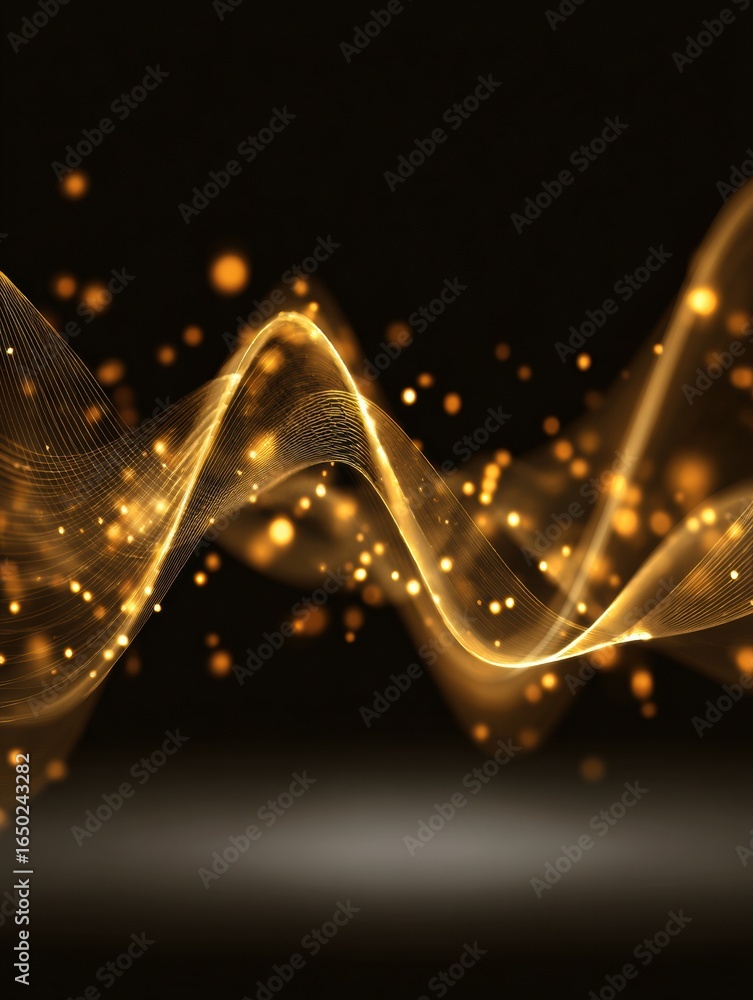Poster dynamic golden wave pattern with glowing particles creating a mesmerizing visual effect