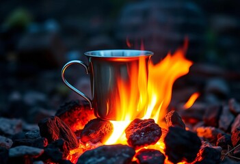 Gleaming metal cup atop glowing campfire coals, heat radiating,  old,  adventure