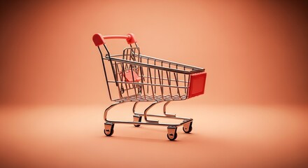 A miniature shopping cart, rendered against a warm, orange-toned background, isolated.