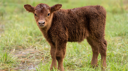 Fototapeta premium Adorable fluffy brown calf stands in lush green grass, looking curious and sweet