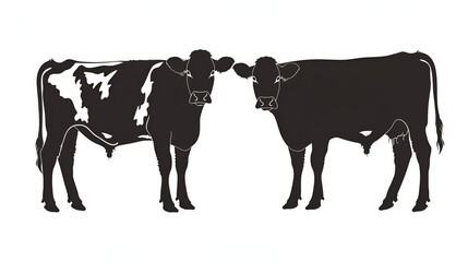 Two distinct cows side by side, one black and white, one solid black