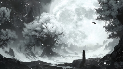 Enchanting mystical forest under a starry night sky with a lone figure