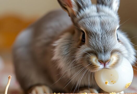 Grey lop-eared rabbit, curious gaze, clear ball, playful eating, rabbit,   grey bunny