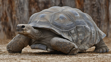 Obraz premium Majestic giant tortoise with textured shell walks slowly across sandy ground