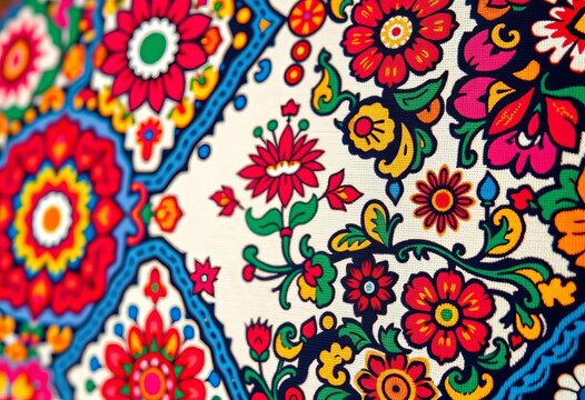 Intricate floral and geometric patterns in vibrant traditional Bulgarian colors on textile,  craft,  handmade