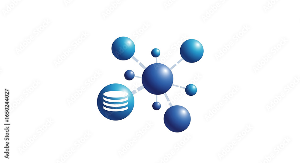 Poster a blue network diagram with a database icon connected to several other blue spheres on white backgro