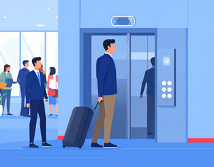 Fototapeta premium Man in Business Casual Waiting for Lift in Modern Office Building