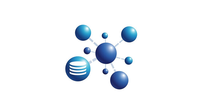 A blue network diagram with a database icon connected to several other blue spheres on white background ai generated