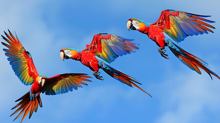 Stunning scarlet macaws soaring together in vibrant blue tropical sky freedom