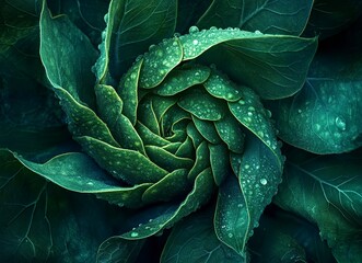 Fototapeta premium Close-up of a green sunflower bud with leaves, macro photograph, top view. Green nature background. Sunflowers ready to bloom in the garden. Stock photo, copy space, high resolution, high detail, high