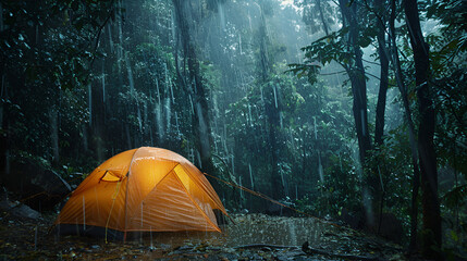 Cozy tent glows during a peaceful rainstorm in lush green forest adventure
