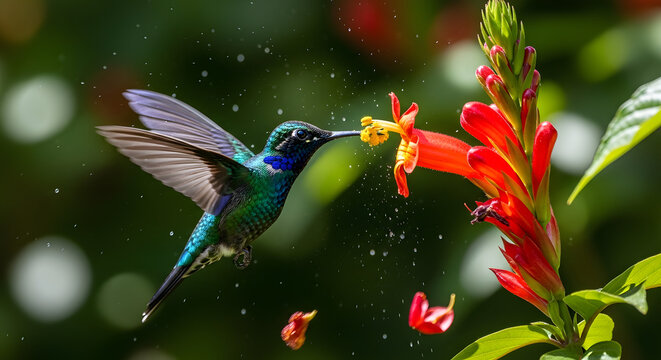 A vibrant hummingbird with iridescent blue and green plumage sips nectar from a bright red flower, surrounded by lush green foliage and water droplets.