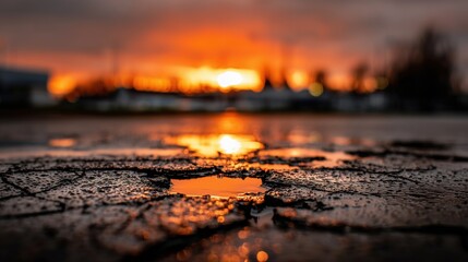 ​Dramatic Sunset Over Cracked Earth with Falling Raindrops on Wet Asphalt, Close-Up of Broken Glass-Like Texture and Blurred Background Depth​