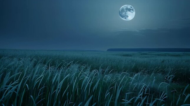 Wide open grassland video at night with tall green grass swaying slowly while the full moon shines clearly in the sky