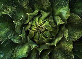 Fototapeta premium Close-up of a green sunflower bud with leaves, macro photograph, top view. Green nature background. Sunflowers ready to bloom in the garden. Stock photo, copy space, high resolution, high detail, high