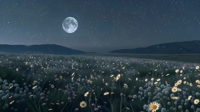 Atmospheric night video showing endless wildflowers faintly illuminated by moonlight beneath a calm and cloudless sky