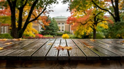 Wet wooden picnic table with fallen autumn leaves in the foreground and a blurred university building surrounded by colorful fall foliage in the background