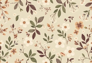 Subtle vintage floral pattern in muted greens, browns, and creams; delicate botanical illustrations of leaves and flowers create a seamless background,  antique,  image