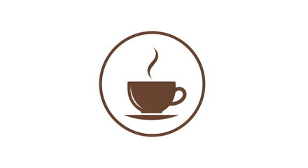 Obraz premium Minimal clean vector coffee shop logo featuring a simple solid coffee cup icon with a single curved steam line in a balanced circular layout, flat modern design with neutral brown color palette 