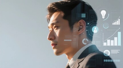 ビジネスアイコンとホログラフィックUIを組み合わせたビジネスマンのポートレート
