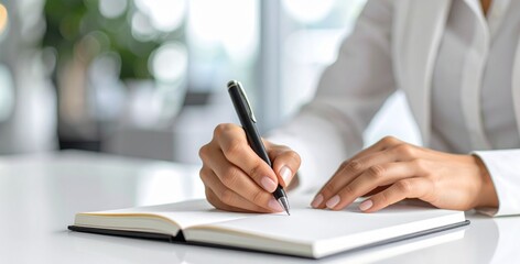 テーブルでメモを取る女性の手　白色基調のイメージ　白い服