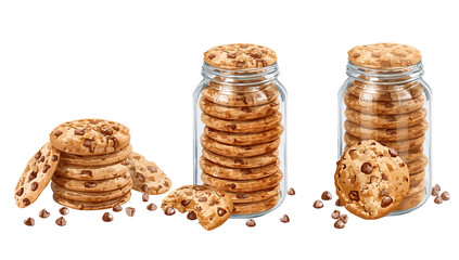 Delicious homemade chocolate chip cookies stacked in jars and neatly arranged pile illustration