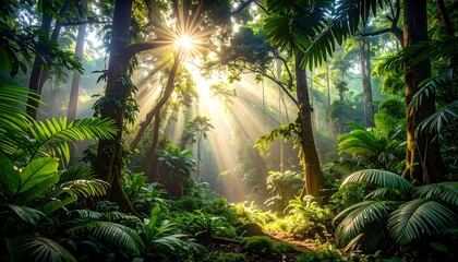 Lush Tropical Rainforest Sunlight Beams Through Canopy.