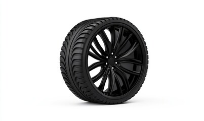 Obraz premium Sleek tire A low-angle, studio shot of a shiny black tire with a detailed radial tread and a multi-spoked rim on a solid white backdrop. Clean, modern, and professional