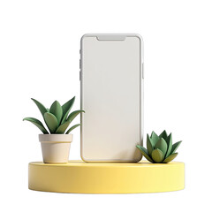 White smartphone displayed on a yellow round podium with small succulents.