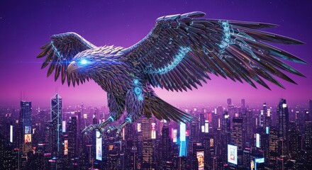 Cybernetic Eagle Sentinel with Glowing Circuitry Soars Over a Purple Neon Metropolis