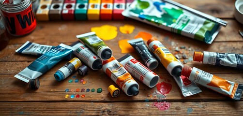 Used oil paint tubes scattered on rustic wooden artist's table,  canvas,  workspace