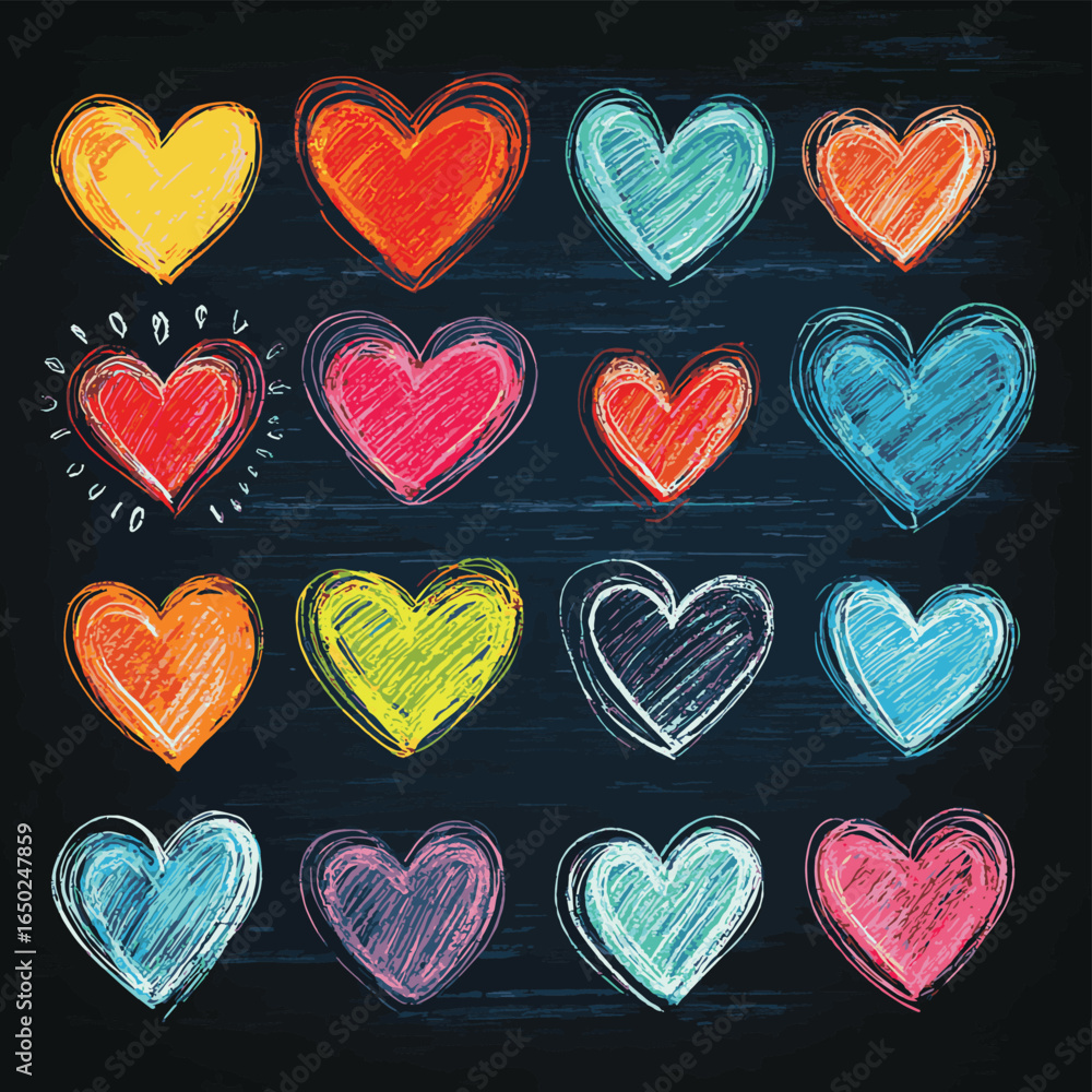 Poster realistic chalk drawn sketch. set of colorful design elements combinations of hearts isolated on cha