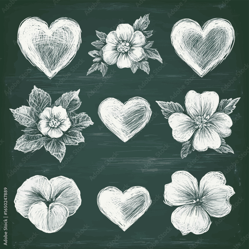 Poster realistic chalk drawn sketch. set of colorful design elements combinations of hearts isolated on cha