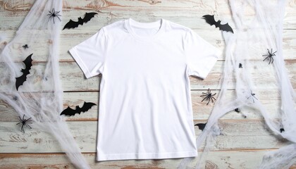 Obraz premium White t-shirt on a wooden surface decorated with spiderwebs, bats, and spiders for Halloween.