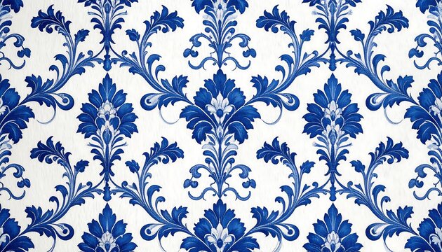 Fototapeta Blue floral damask pattern on white background  elegant, repeating design