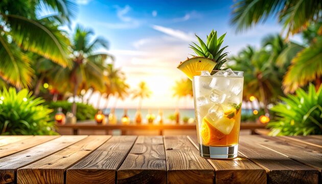 A refreshing cocktail with pineapple garnish sits on a wooden table overlooking a tropical beach scene.