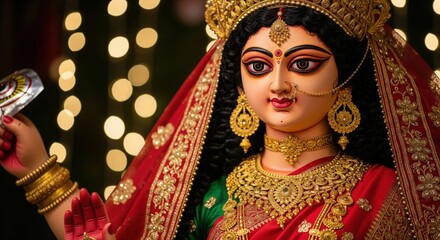 Maa Durga idol with expressive eyes, red saree and gold jewelry